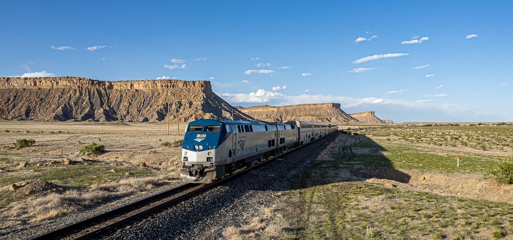 Amtrak’s California Zephyr number 5 chugs past the Book Cliffs near Thompson Springs, Utah.
