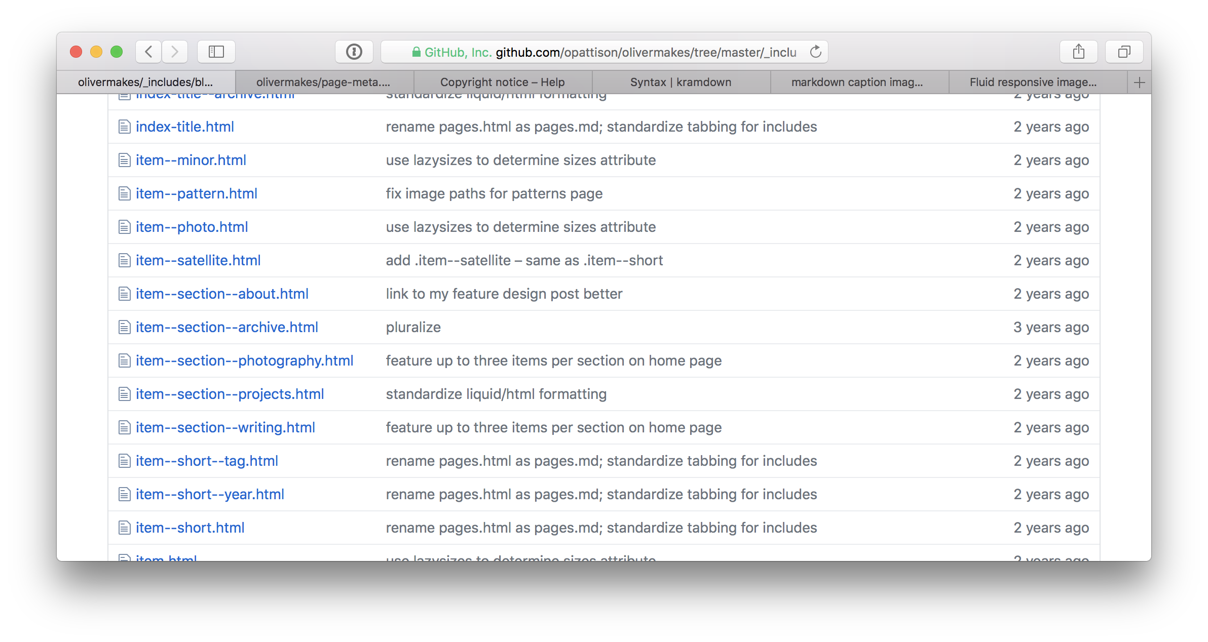 a screenshot of one subdirectory of Pattison's _includes folder, featuring a list of about 10 files, all starting with the letter 'i'