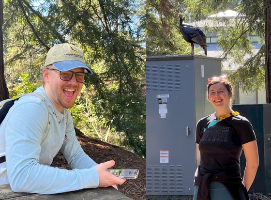 a diptych. on the left, Carter sits at a bench with his phone out and a goofy smile. on the right, Laura poses in front of a turkey standing on top of an electrical utility box