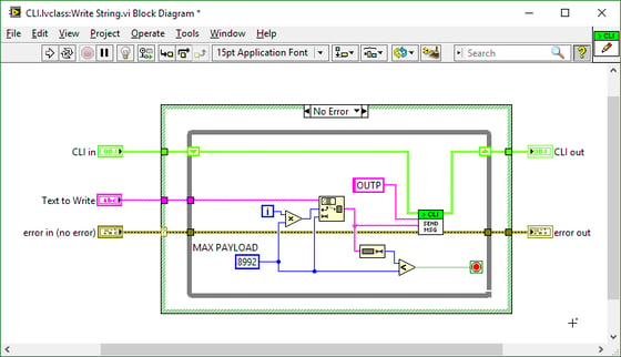 A screenshot of LabView source code, showing virtual boxes connected by virtual wires, some of the wires different, vibrant colors