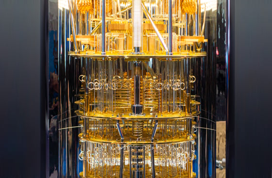 a quantum computer cooling chandelier on display